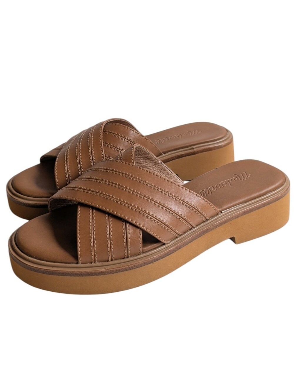 Madewell Leather Cross-Strap Brown Platform Slide Sandals